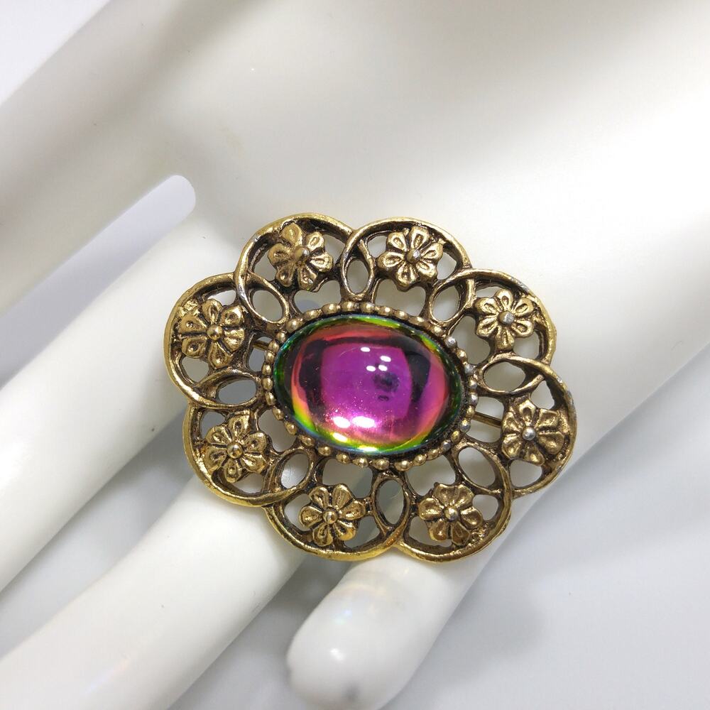 Vintage Watermelon Glass Floral Brooch, Antique Gold Tone, 1970s